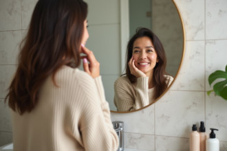 Femme souriante en miroir avec soin visage naturel