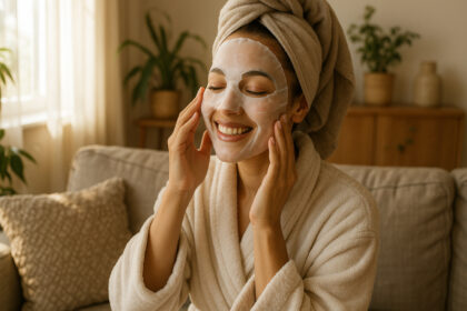 Femme souriante appliquant un masque visage à la maison