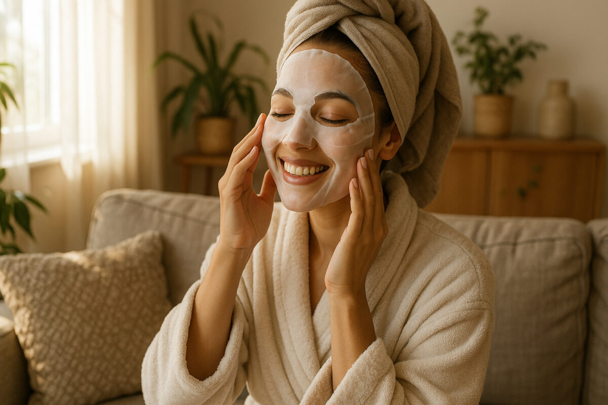 Femme souriante appliquant un masque visage à la maison