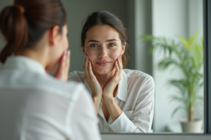 Femme examinant sa peau dans un miroir moderne