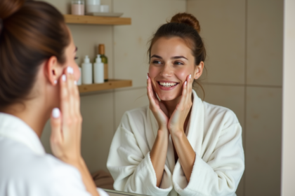 Femme se massant le visage dans sa salle de bain moderne