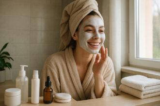 Jeune femme appliquant un masque facial dans une salle de bain moderne