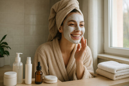 Jeune femme appliquant un masque facial dans une salle de bain moderne