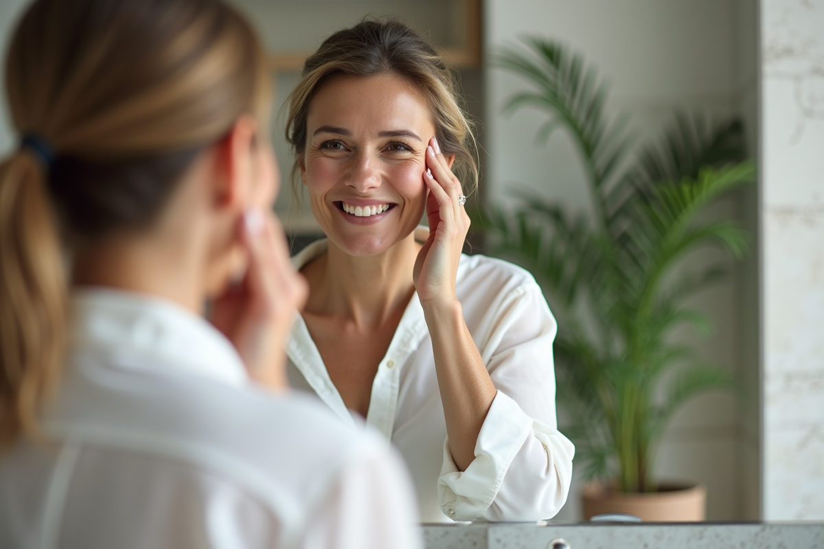 Femme souriante dans un miroir de salle de bain