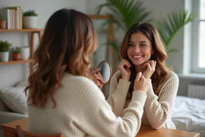 Femme souriante ajustant une perruque Kristia dans sa chambre