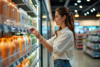 Femme examinant des shampoings en supermarche