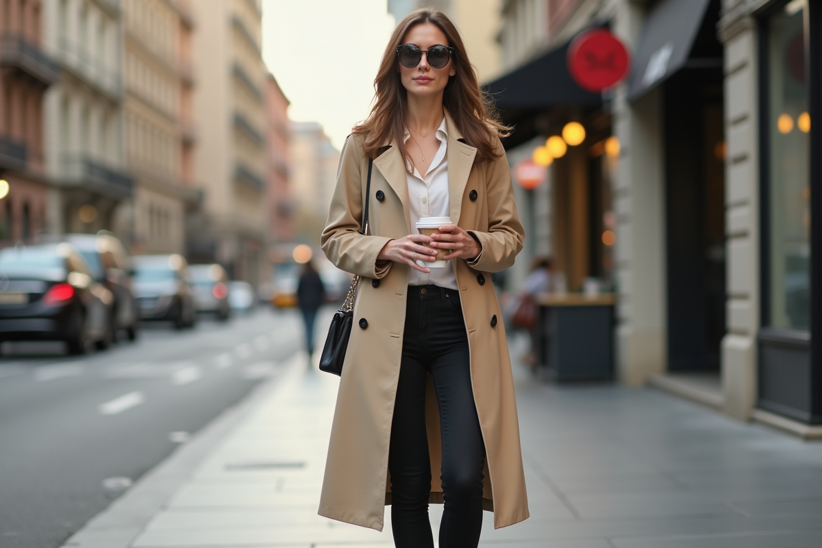 Femme élégante en trench beige dans la ville en journée