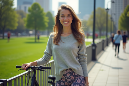 Femme souriante avec legging moderne et vélo urbain