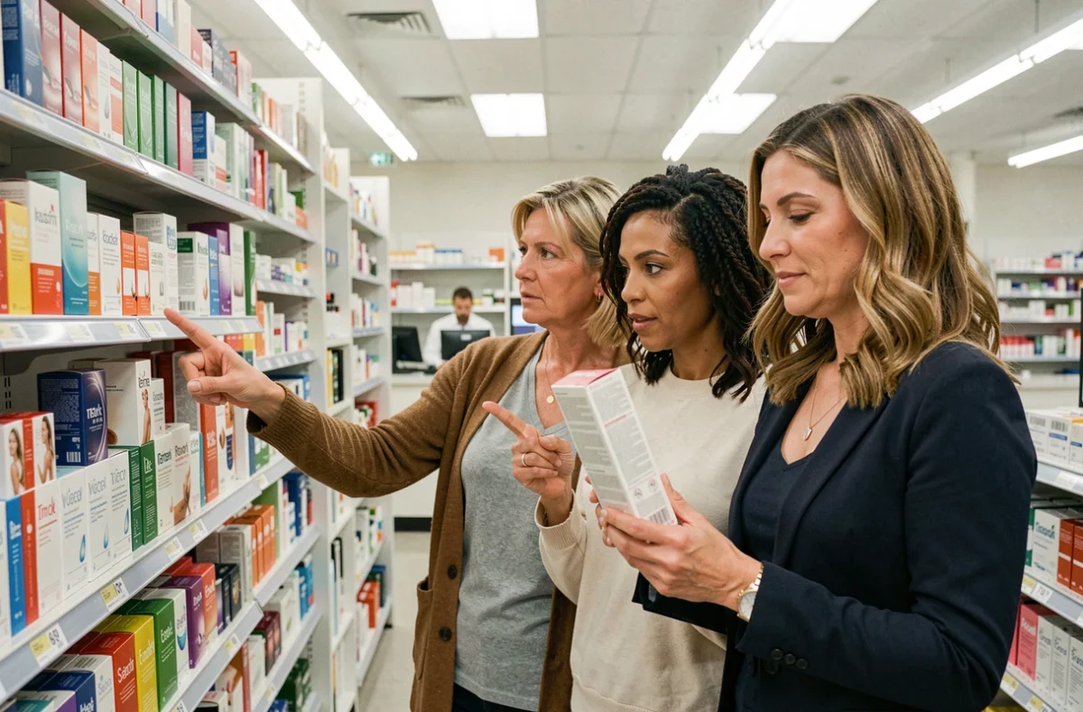 Trois femmes comparant des produits de soin en pharmacie pour choisir une alternative efficace à Nuvaskin