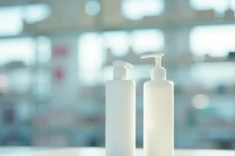 Flacon de lotion capillaire posé sur un comptoir de pharmacie