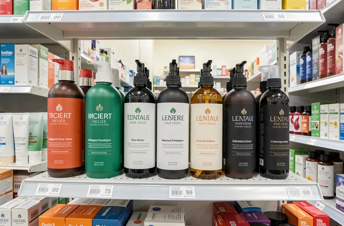Flacons de soin capillaire alignés sur une étagère de pharmacie