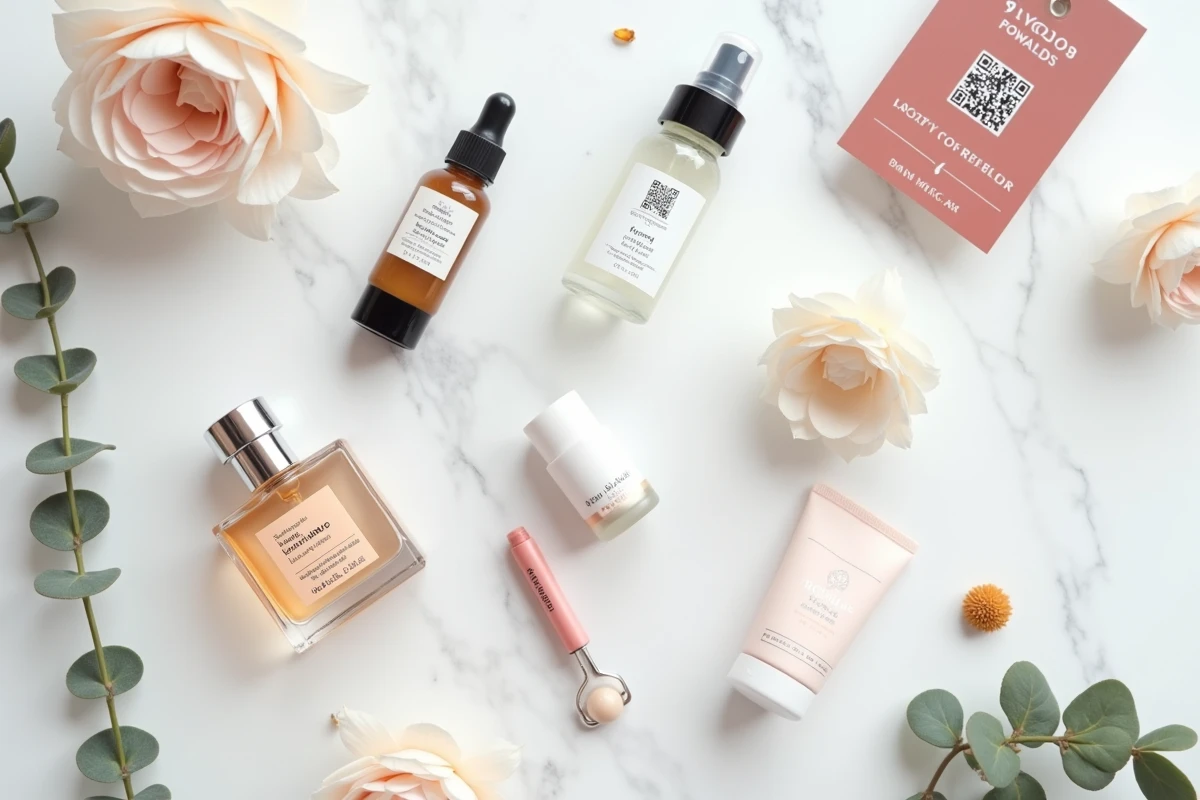 Flat lay des produits d'une box beauté mensuelle avec une carte de fidélité et des accessoires de soin sur marbre blanc