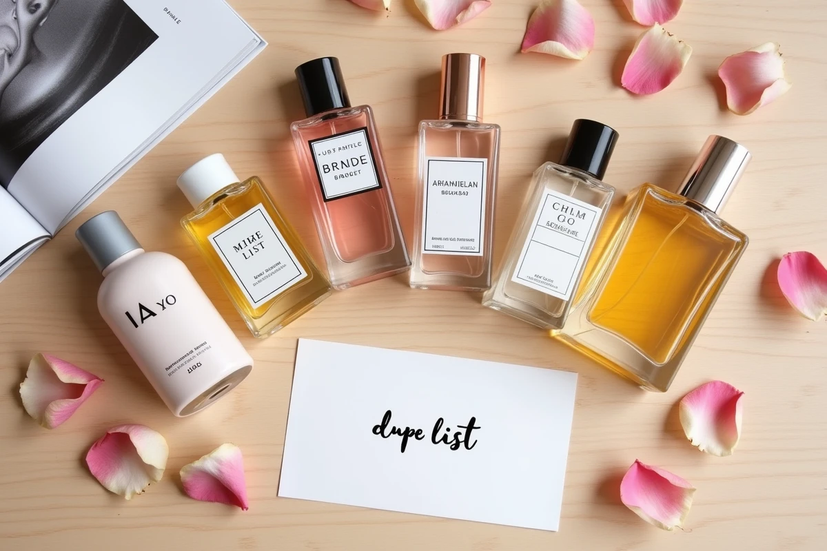 Flat-lay de flacons de parfums dupes et originaux disposés sur une surface en bois clair avec des pétales de rose