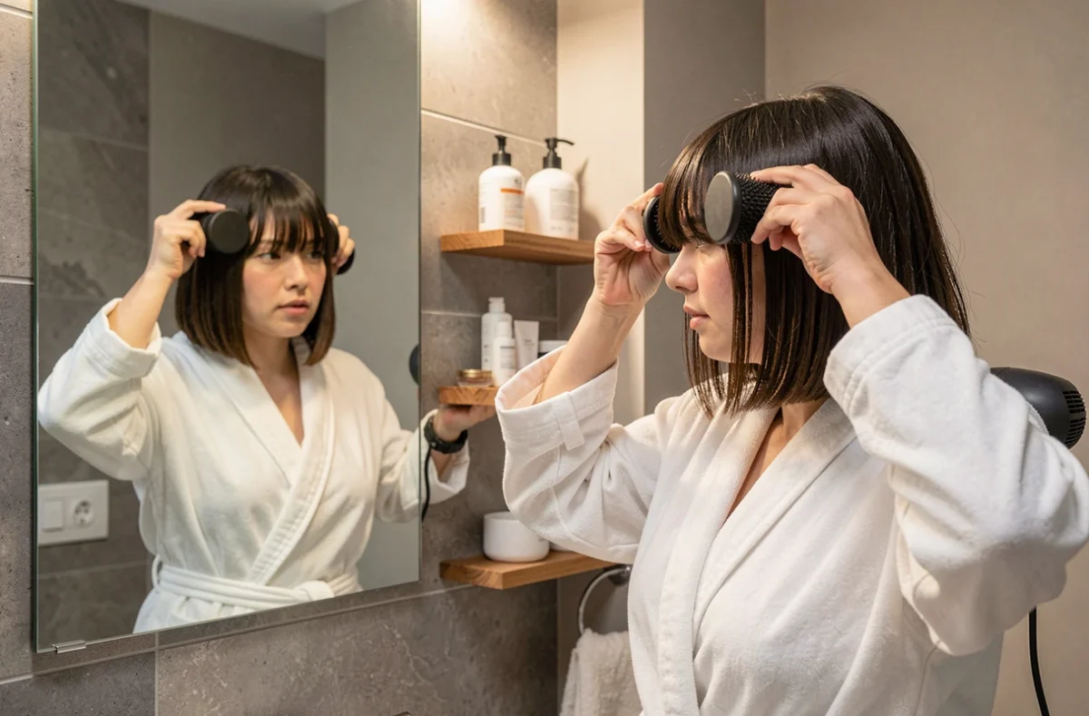 Femme visage rond coiffant sa frange rideau devant le miroir de la salle de bain