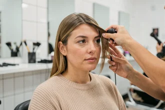 Femme aux joues rondes chez le coiffeur avec une frange asymétrique pour affiner le visage