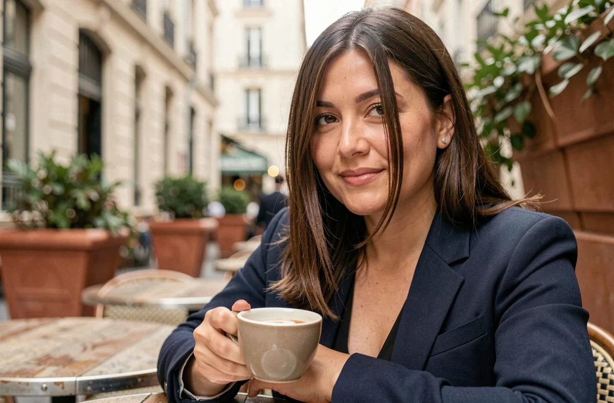 Femme au visage rond avec une frange longue et latérale attablée en terrasse de café parisien