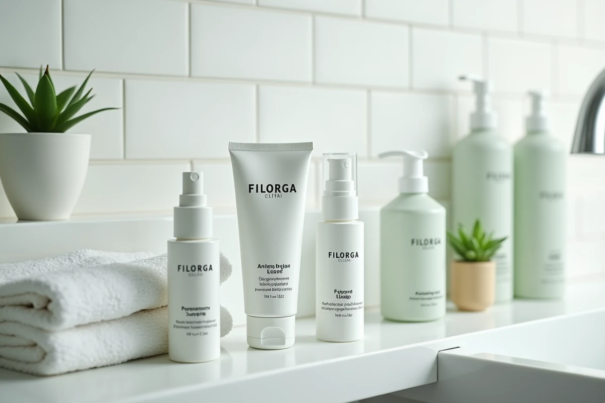 Étagère de salle de bain avec plusieurs produits de la gamme Filorga anti-rides soigneusement disposés
