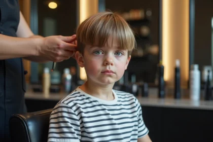 Garçon de 9 ans anxieux dans un salon de coiffure moderne