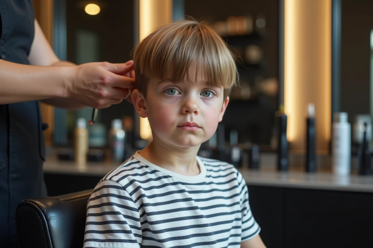 Garçon de 9 ans anxieux dans un salon de coiffure moderne