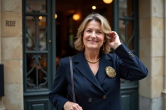 Broche élégante ornant un revers de veste en tissu chic