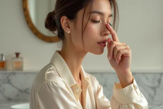 Femme appliquant un parfum Gissah sur son poignet dans une salle de bain en marbre, geste délicat et expression apaisée