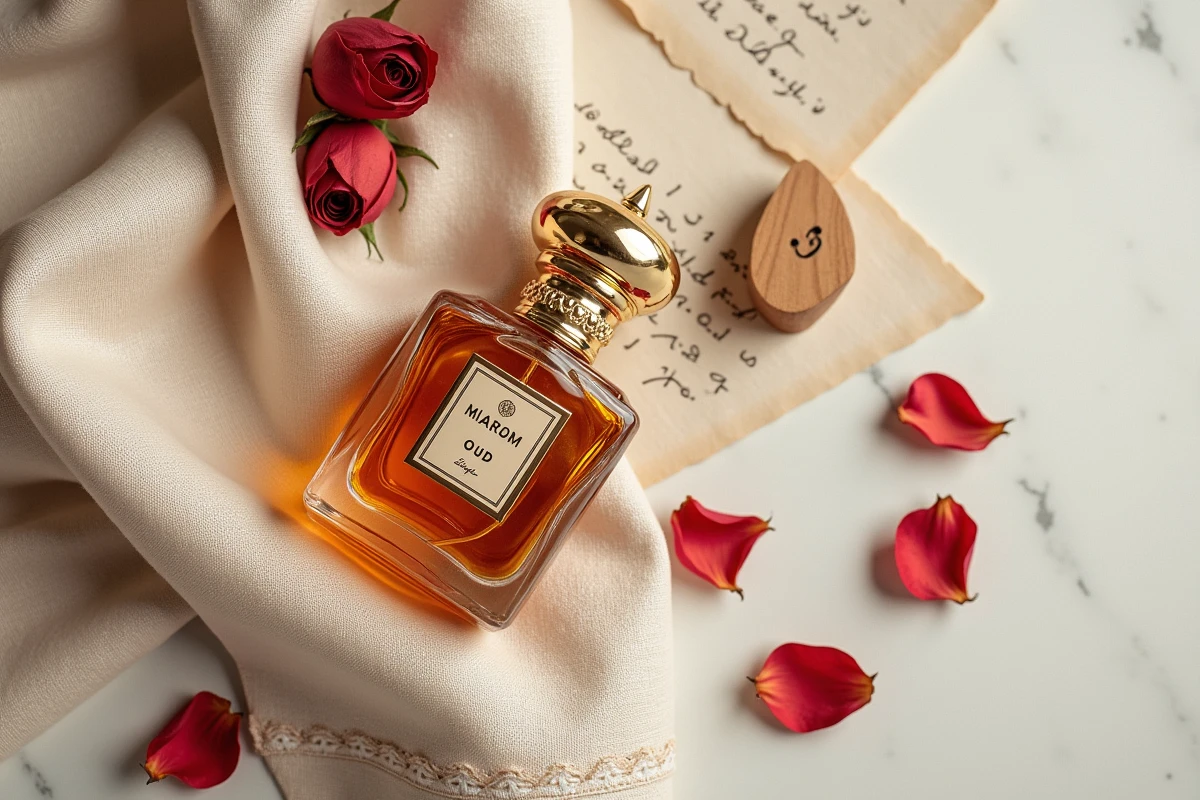 Flacon de parfum Gissah posé sur du lin crème avec des pétales de rose séchés et des éléments oud, composition flatlay éditoriale
