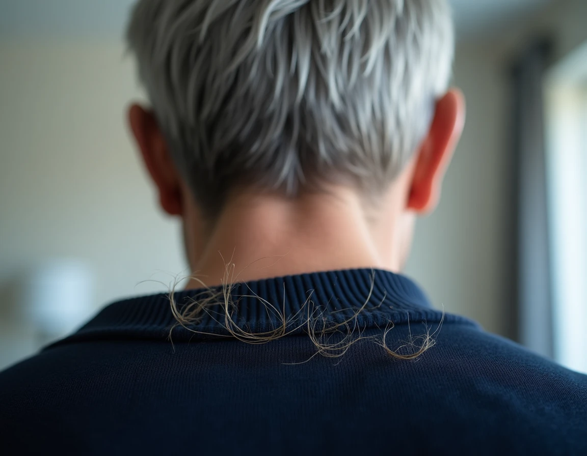 Gros plan sur des cheveux gris argentés et des cheveux tombés sur un pull marine, illustrant la chute de cheveux associée au blanchissement