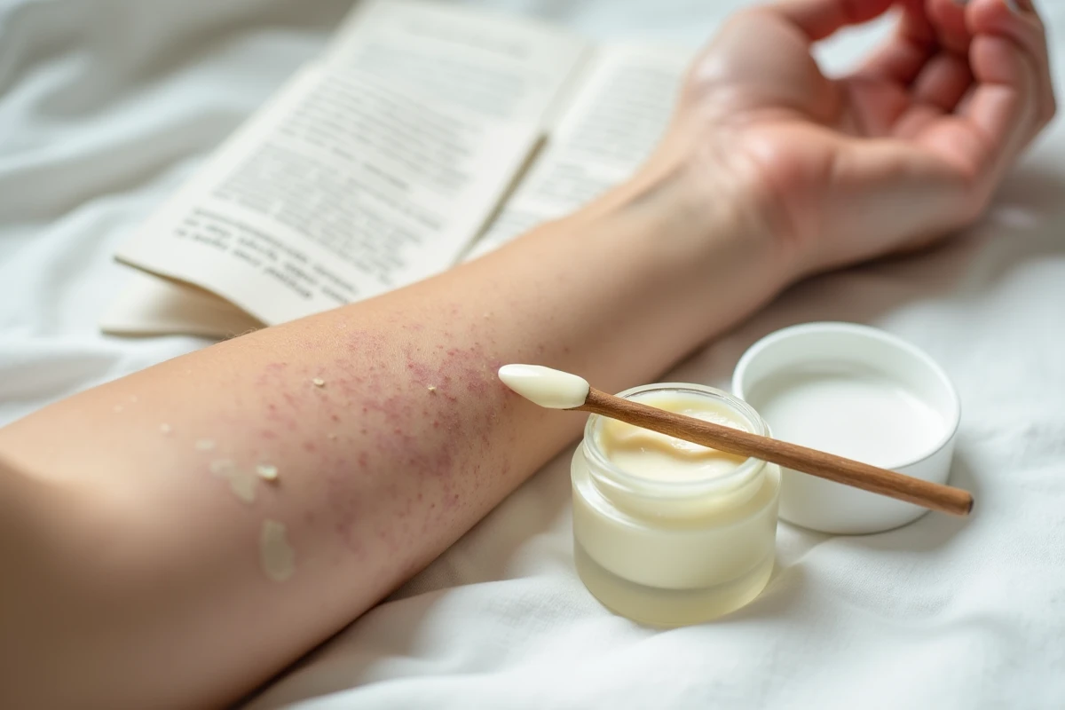 Gros plan sur une peau abîmée et sèche avec un baume de soin adapté aux effets des traitements médicaux