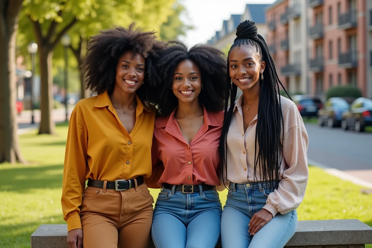Trois femmes avec des styles de tresses afro dans un parc urbain