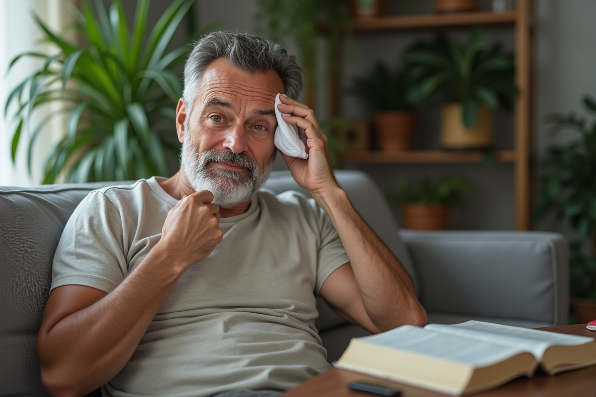Homme appliquant une compresse froide sur le visage