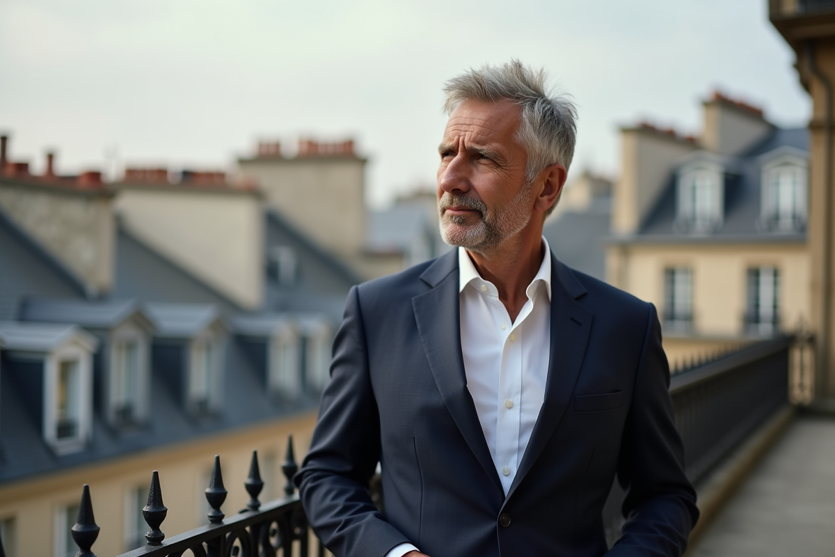 Homme en costume sur un balcon parisien avec vue sur la ville