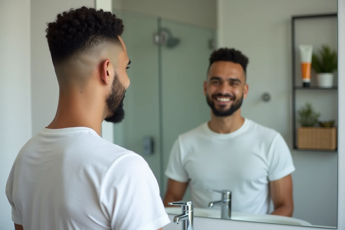 Jeune homme aux cheveux bouclés admirant sa coupe taper dans un miroir de salle de bain à domicile