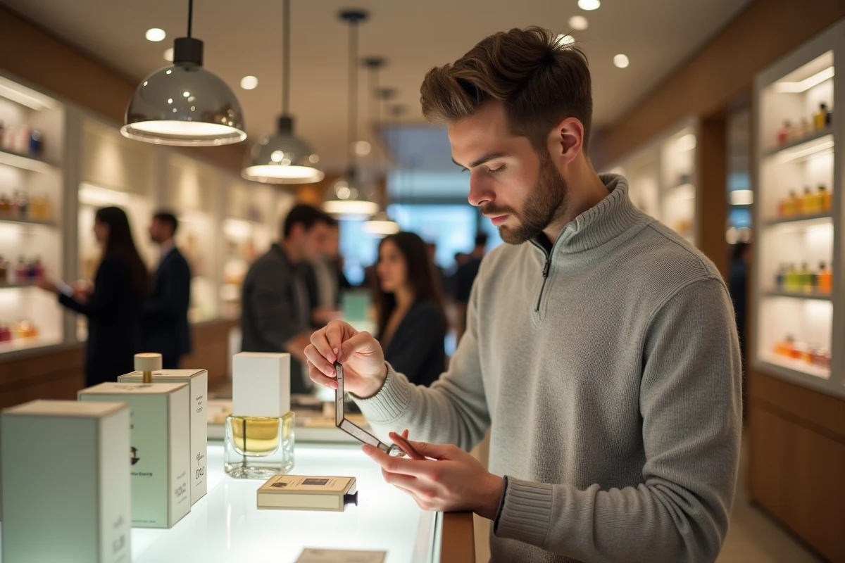 Homme comparant des boîtes de parfum dans une boutique raffinée