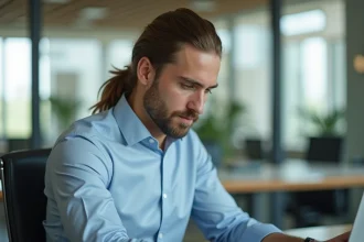 Homme en bureau attachant sa longue chevelure
