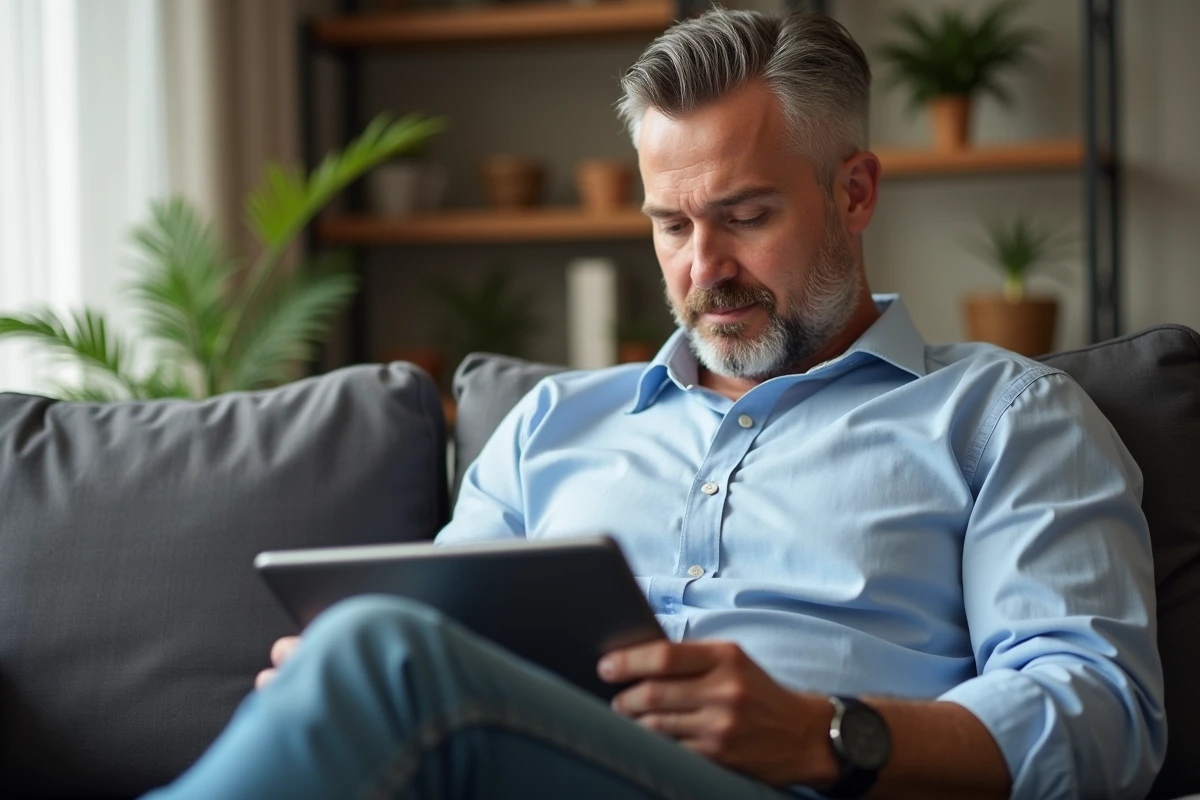 Homme détendu regarde un devis tatouage sur sa tablette à la maison