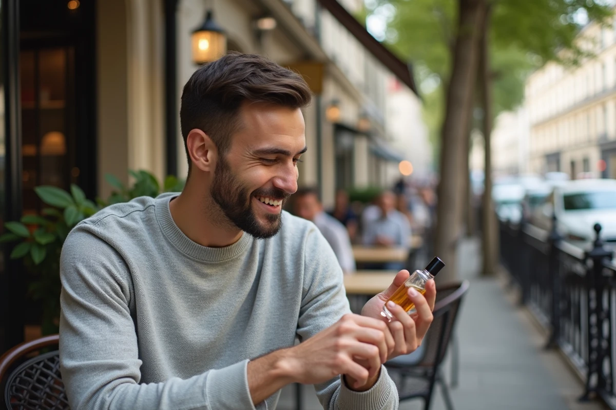 Homme détendu au café parisien en train de spritzer parfum