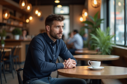 Homme pensif dans un café urbain ambiance chaleureuse