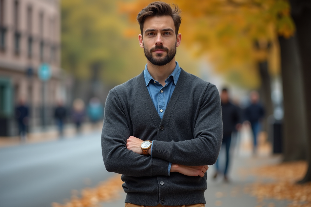Homme en cardigan charcoal ajusté dans la rue automnale