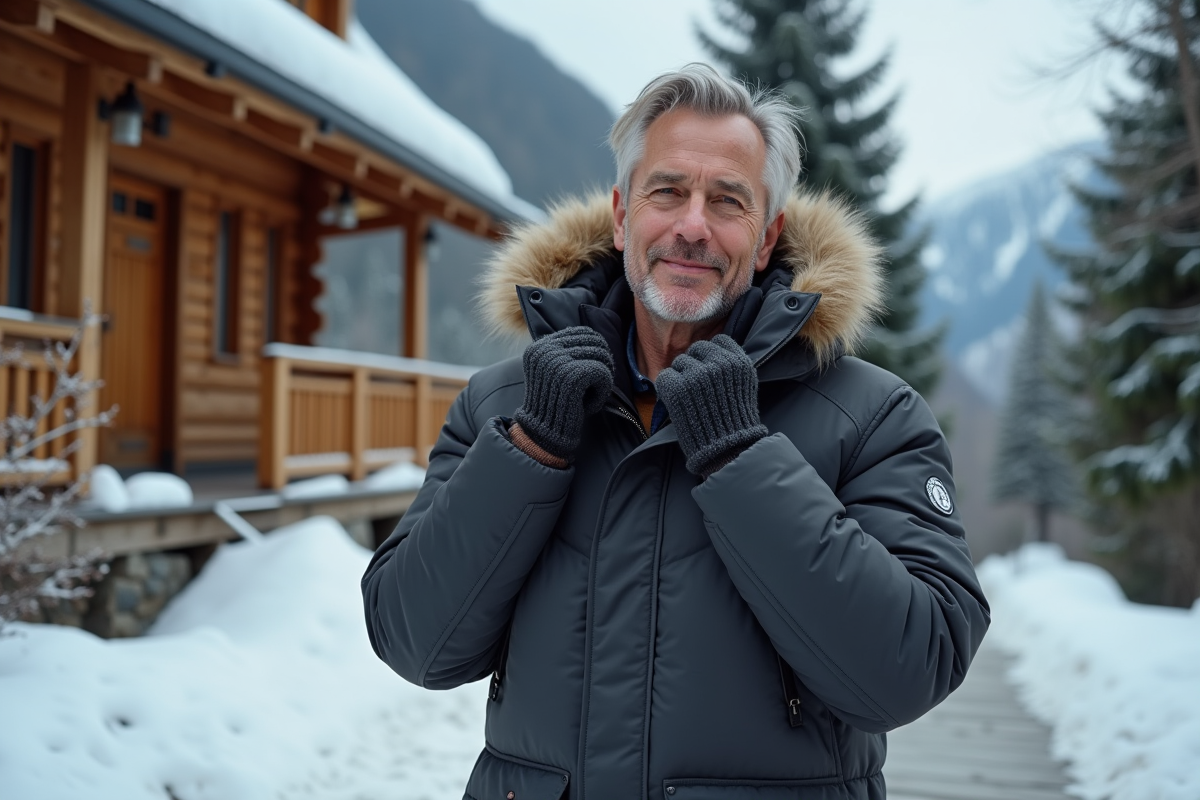 Homme ajustant son parka devant un chalet enneige