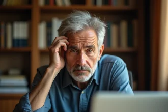 Homme de 55 ans aux cheveux gris sel et poivre passant les doigts dans ses cheveux, illustrant le lien entre cheveux blancs et chute de cheveux