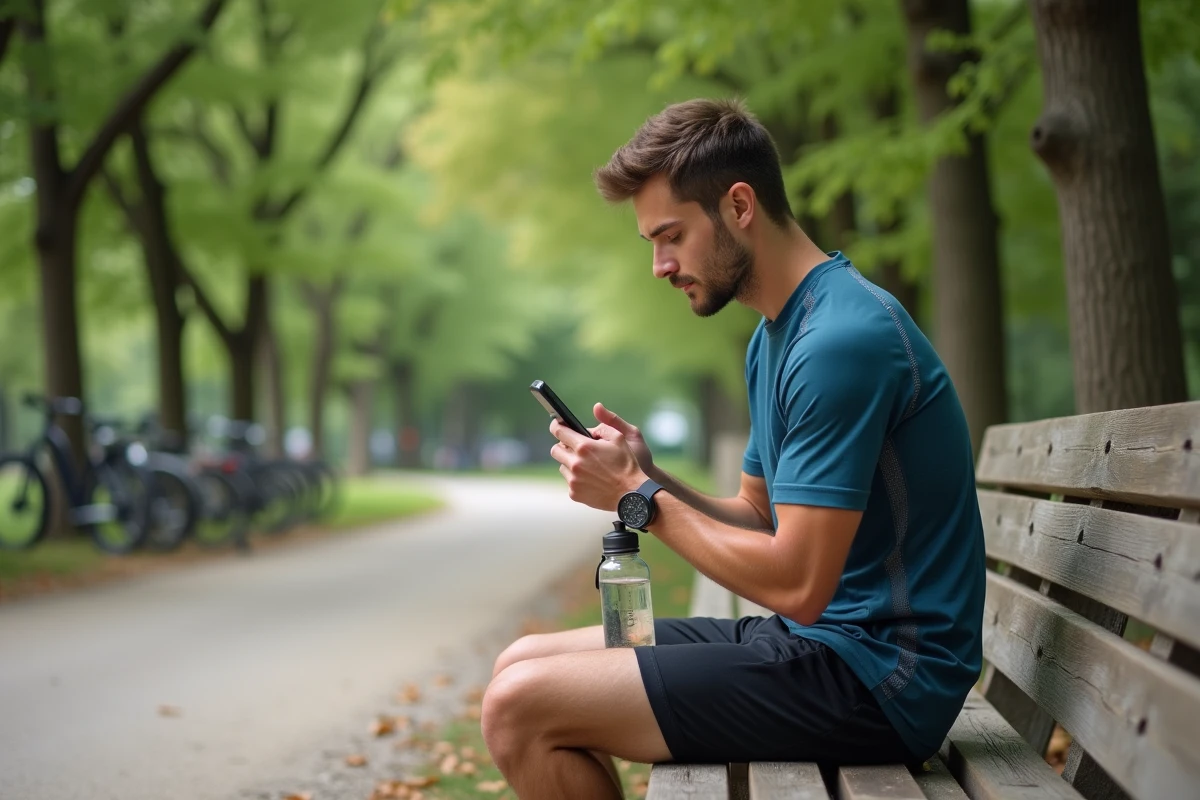 Jeune homme vérifiant son application fitness en extérieur