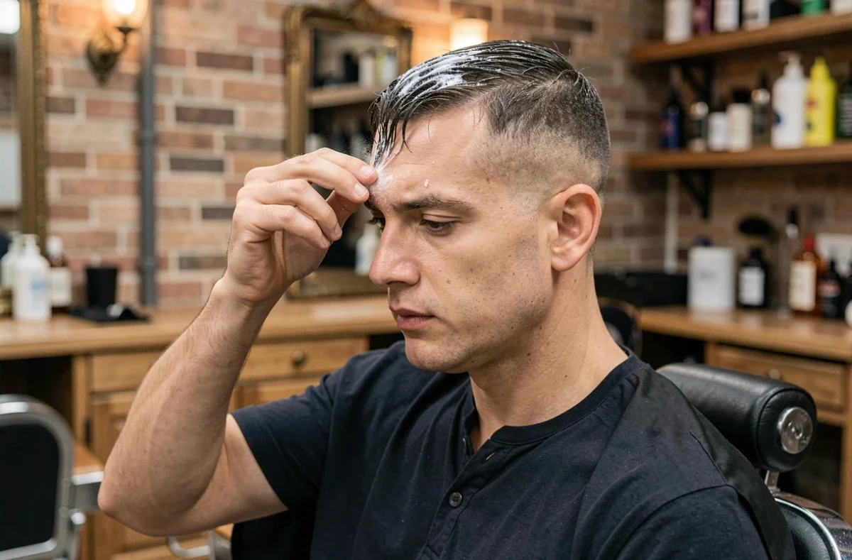 Homme aux cheveux courts utilisant du gel en poudre dans un salon de coiffure urbain