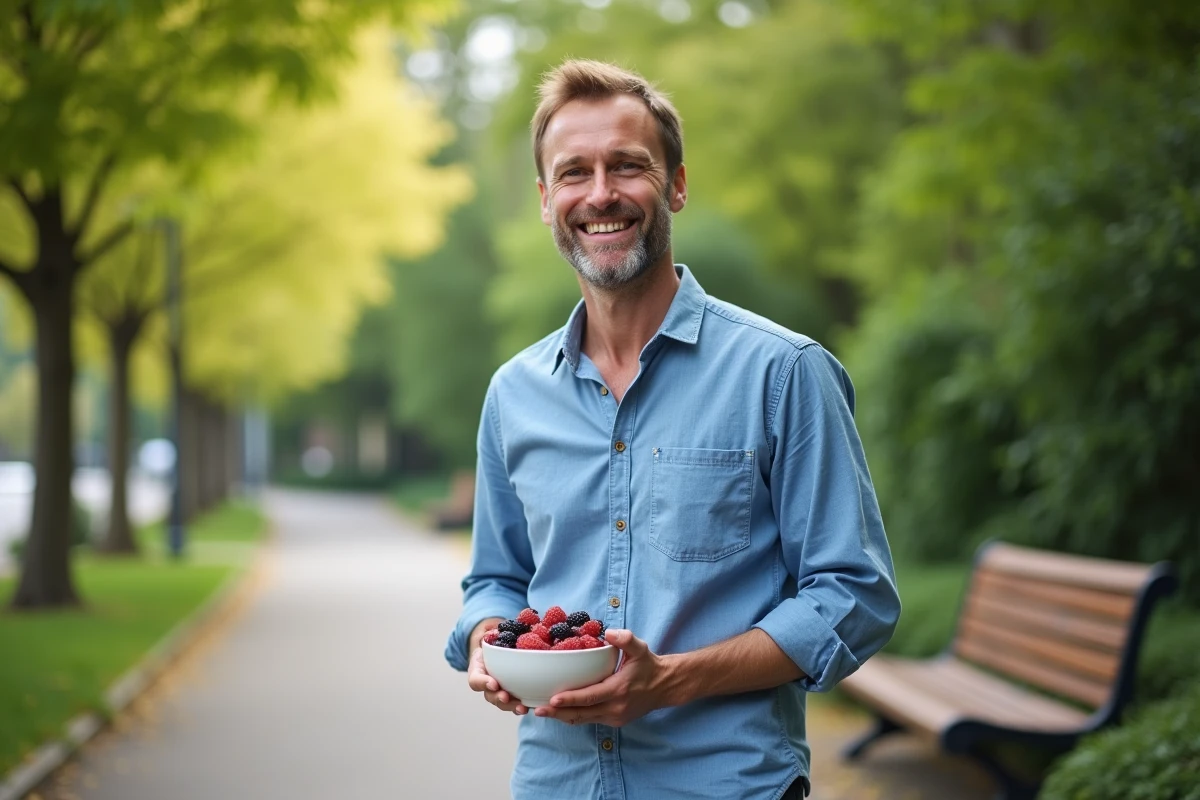 Homme heureux dégustant des baies dans un parc urbain