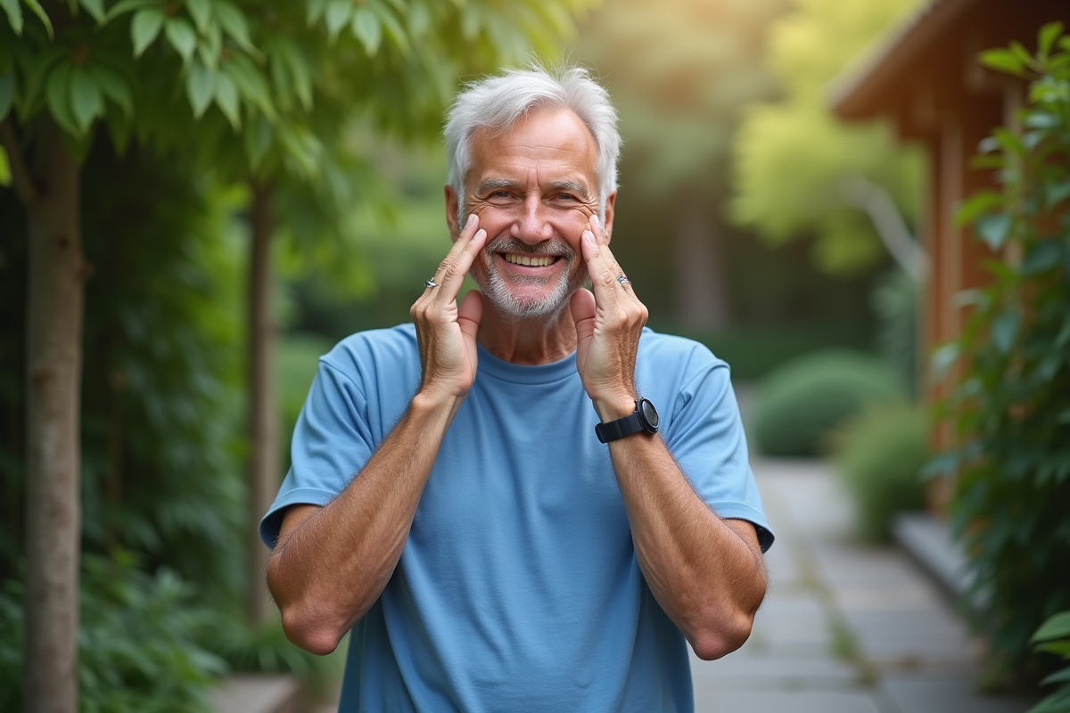 Homme appliquant hydratant dans un jardin calme