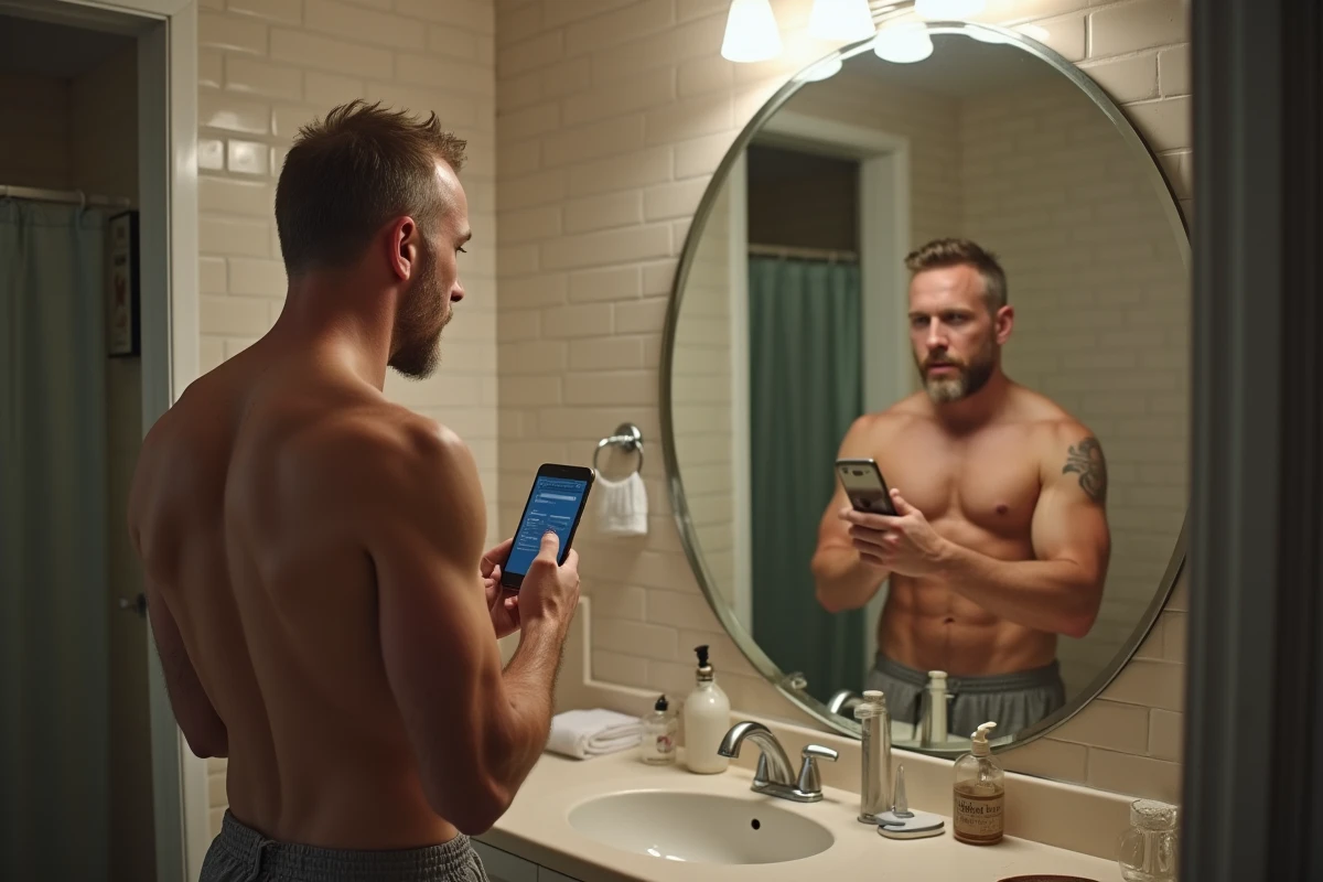 Homme utilisant son smartphone devant le miroir de sa salle de bain