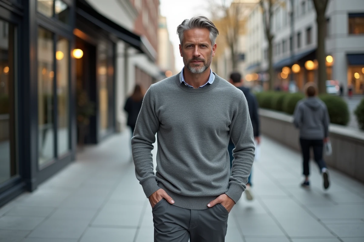 Homme en pull gris marche en ville chic