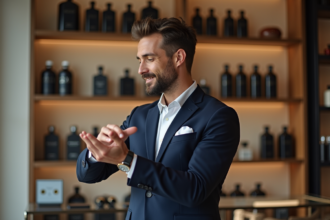 Homme en costume navy testant un parfum dans une parfumerie élégante
