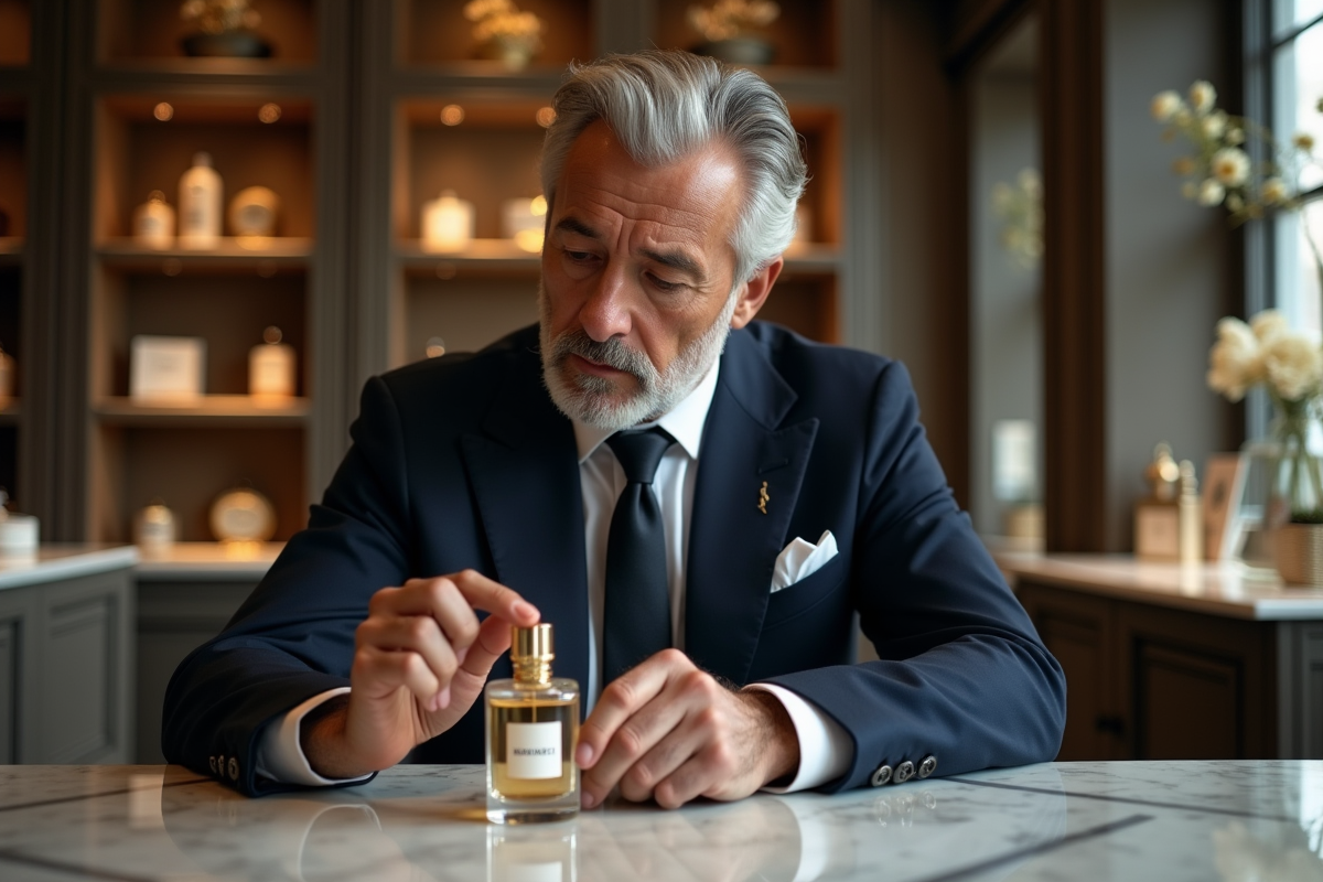 Homme en costume examinant parfum dans boutique parisienne