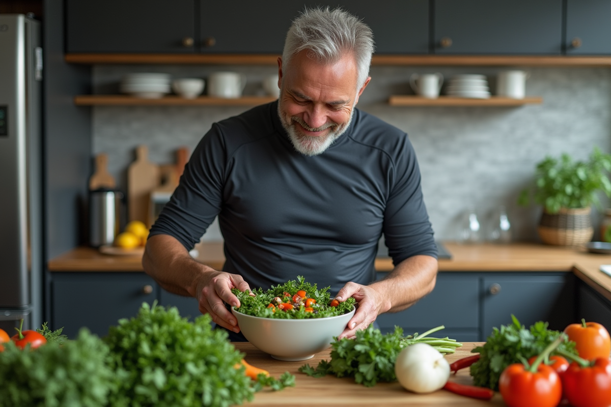 Homme préparant une salade dans une cuisine moderne