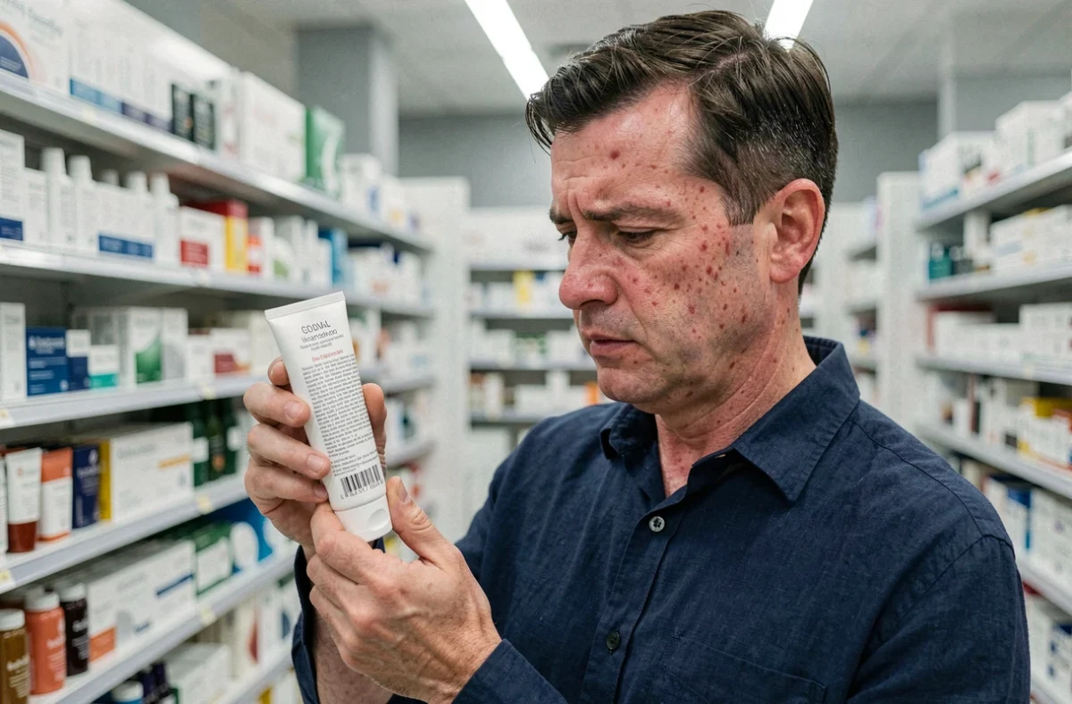 Homme lisant l'étiquette d'un produit dermatologique pour rosacée dans une pharmacie